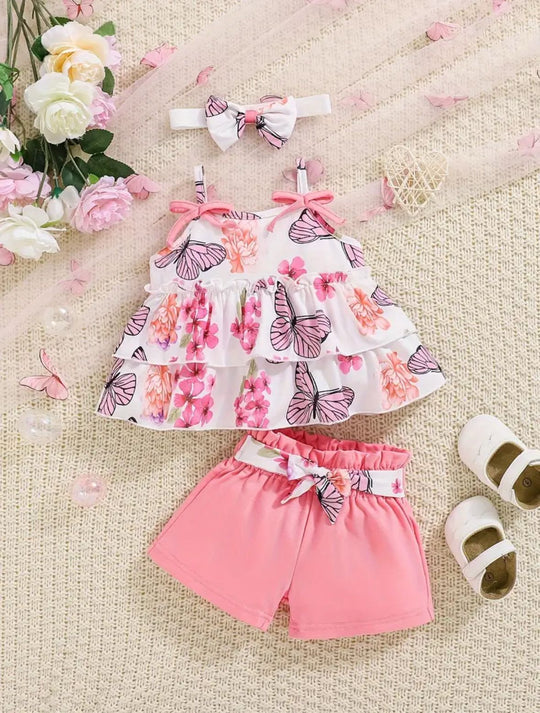 FLORAL & BUTTERFLY PRINT RUFFLE HEM TOP WITH SHORT