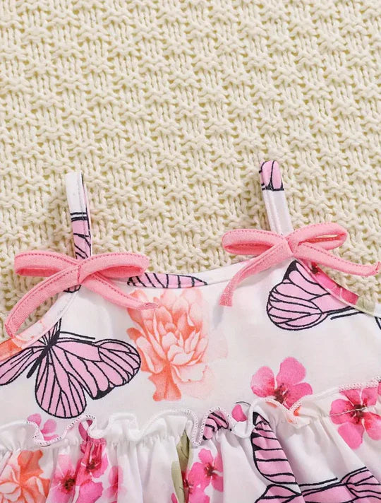 FLORAL & BUTTERFLY PRINT RUFFLE HEM TOP WITH SHORT