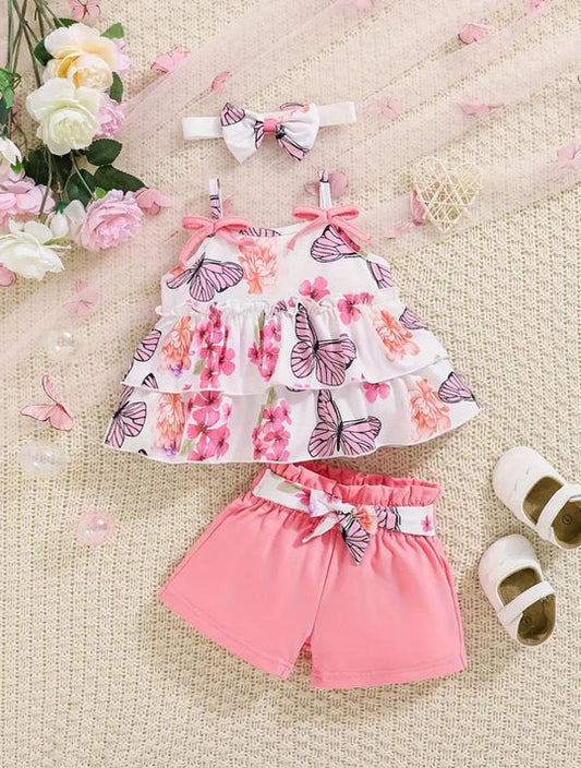 FLORAL & BUTTERFLY PRINT RUFFLE HEM TOP WITH SHORT