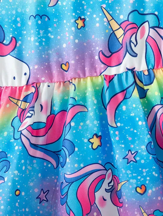 CUTE UNICORN RAINBOW PRINT ROUND NECK SHORT SLEEVE WAIST-CUT DRESS