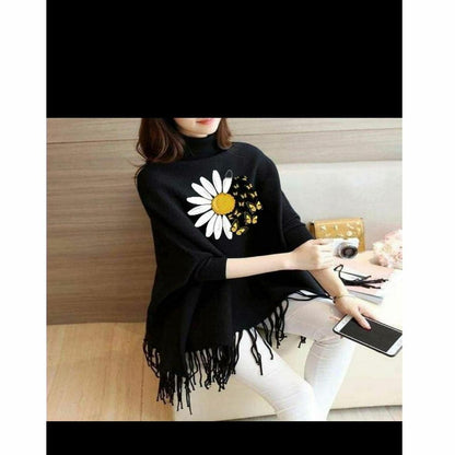 Flower & Butterfly Printed Turtleneck Women Pullover Sweater Spring Jumper