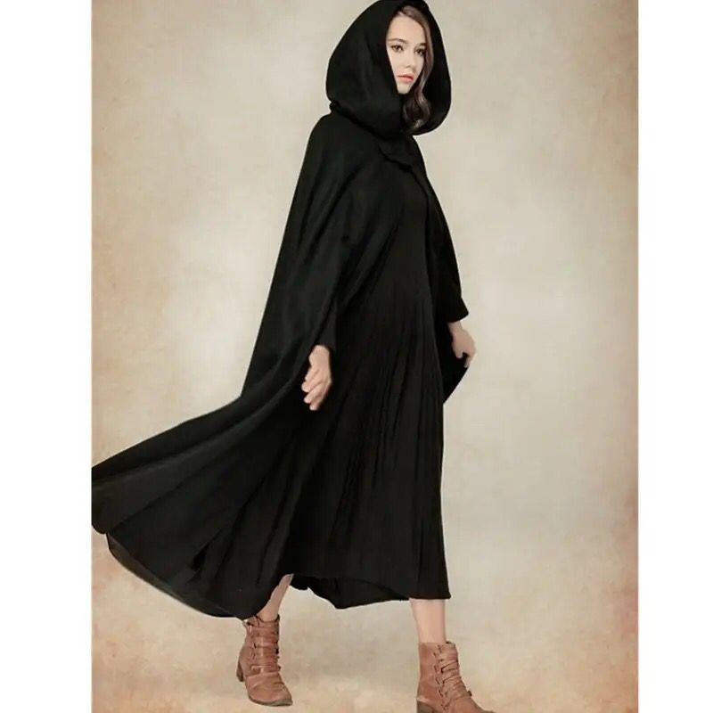 Women Stylish Long Cape Cloak Hooded Coat